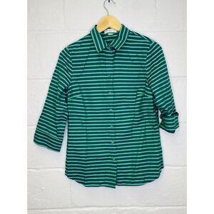 COLDWATER CREEK Small 8 Shirt Green Blue Stripe Collar‎ No Iron 100% Cotton